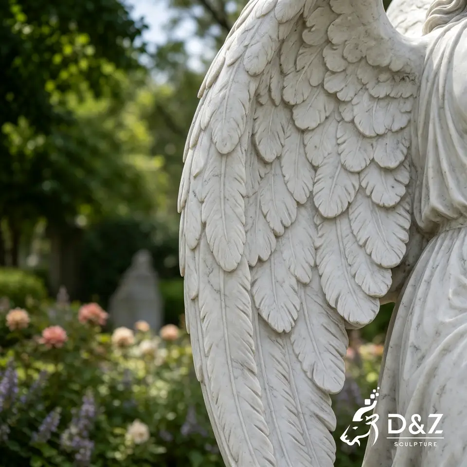 Hand-carved wing details of a marble sleeping angel sculpture Hand-carved wing details of a marble sleeping angel sculpture