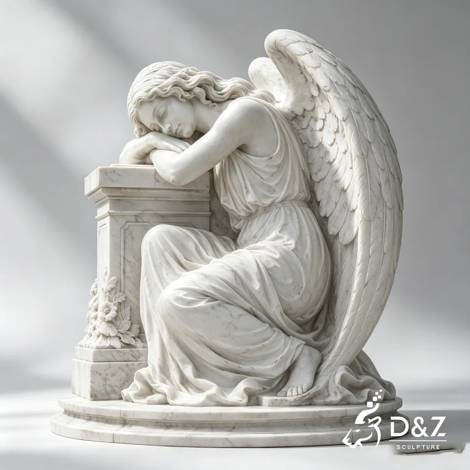 Side view of a marble sleeping angel sculpture with detailed wings and pedestal Side view of a marble sleeping angel sculpture with detailed wings and pedestal