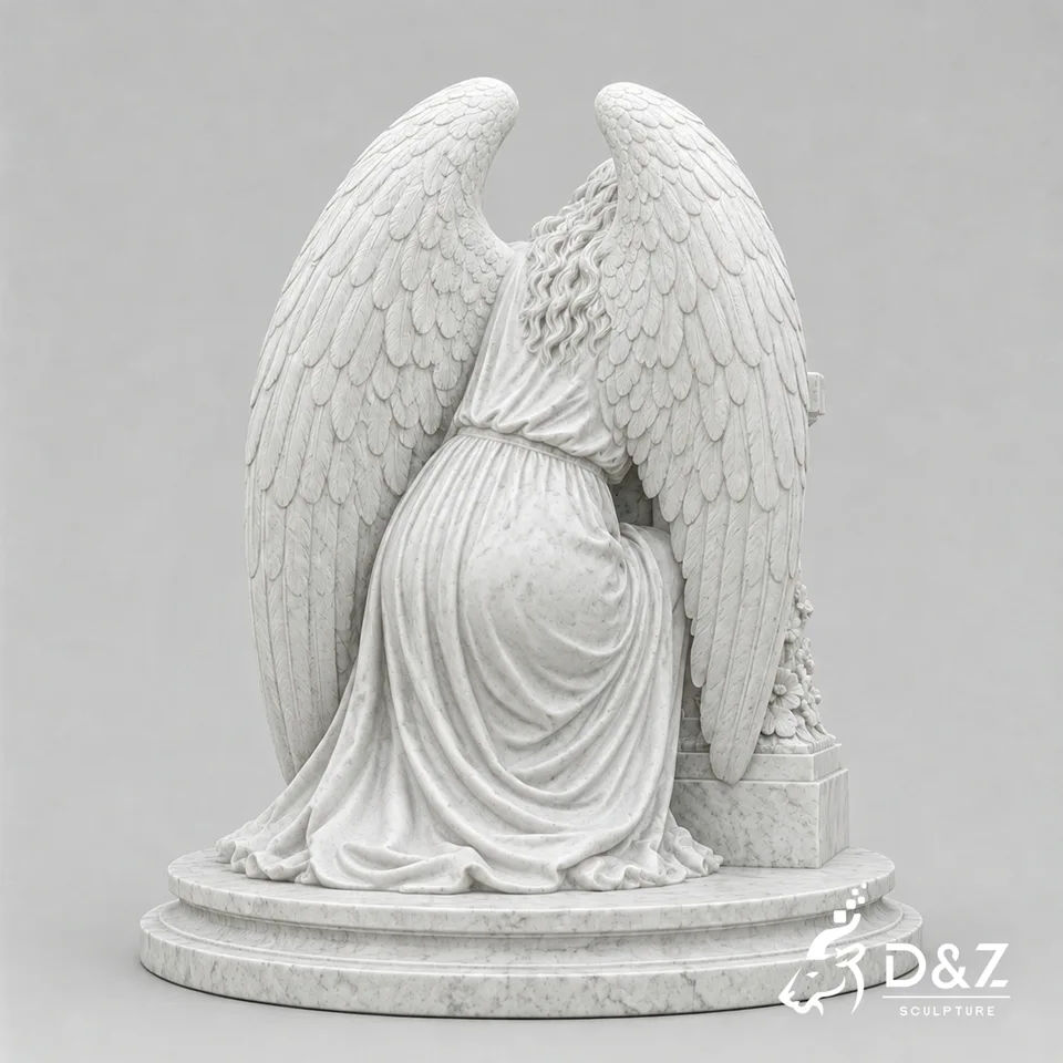 Back view of a marble winged angel sculpture with carved feather details Back view of a marble winged angel sculpture with carved feather details