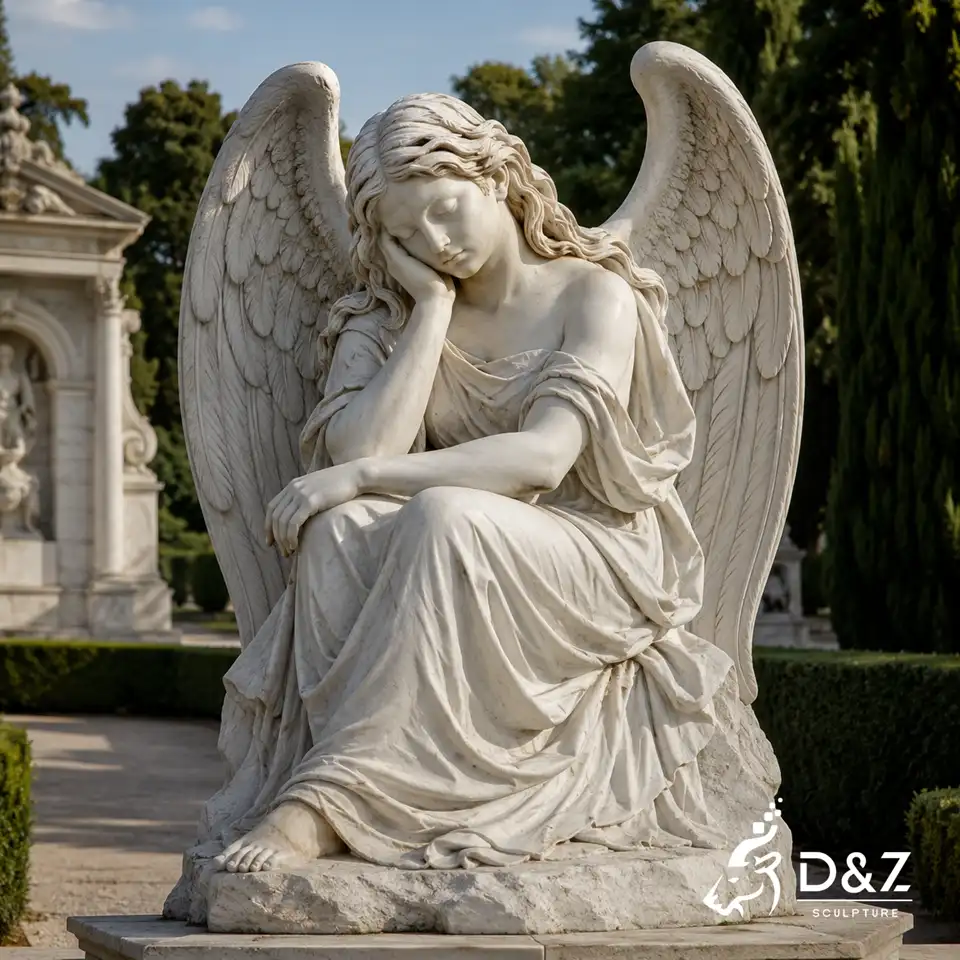 Marble sleeping angel memorial statue in a peaceful cemetery garden Marble sleeping angel memorial statue in a peaceful cemetery garden