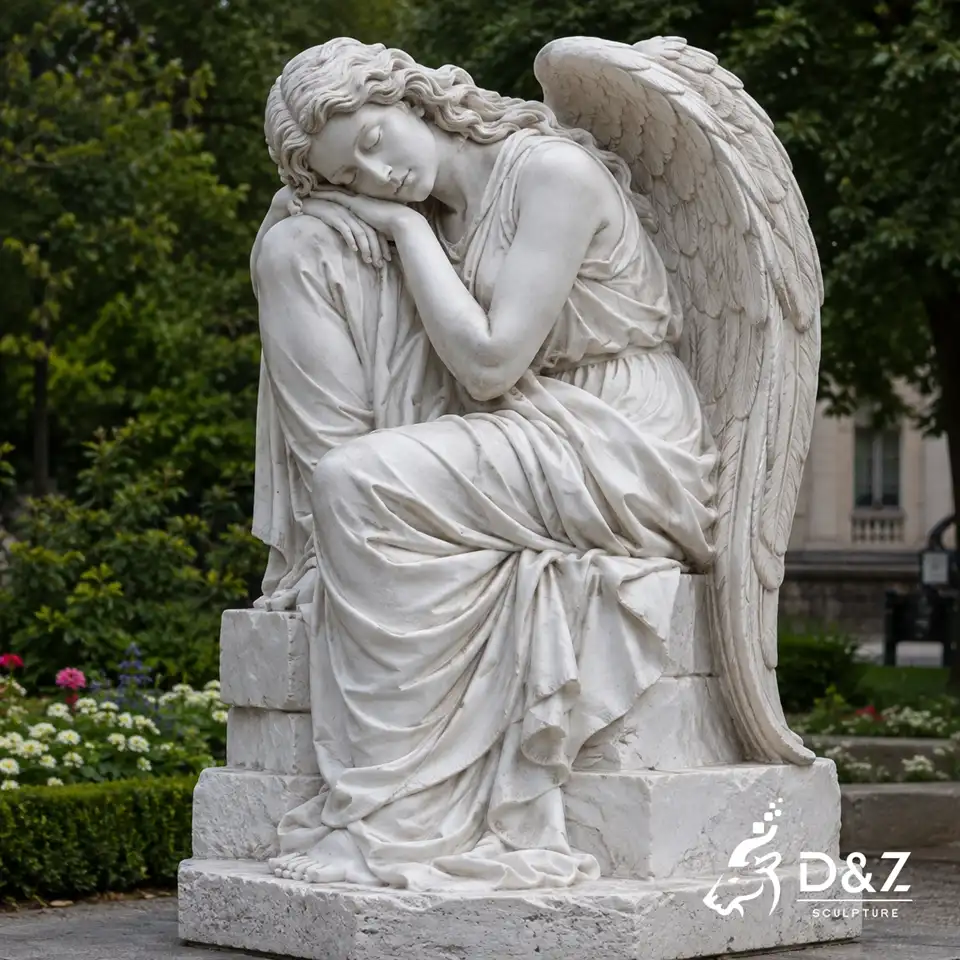 Marble resting angel sculpture with classical column design in garden landscape Marble resting angel sculpture with classical column design in garden landscape