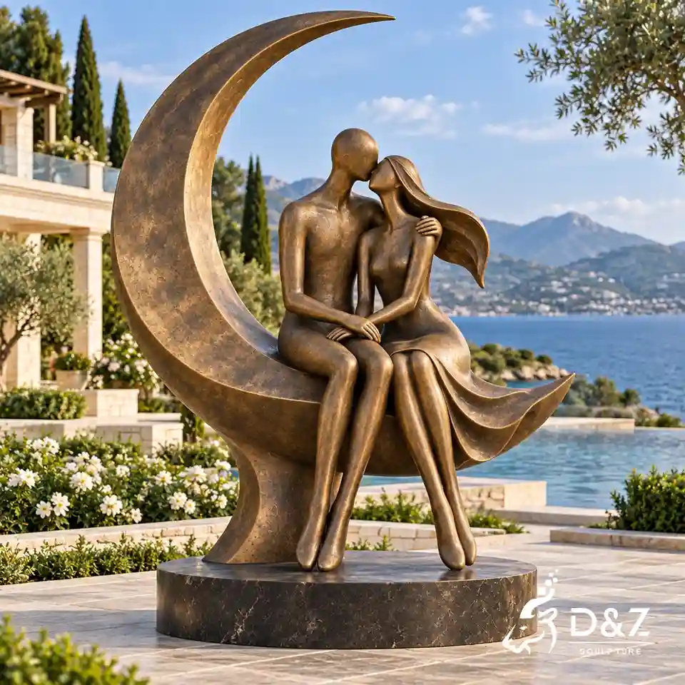 The kiss bronze sculpture with abstract kissing couple on crescent moon in a luxury seaside villa garden