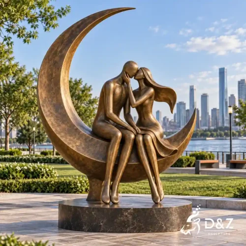 The kiss bronze sculpture with crescent moon couple design in a modern waterfront city park