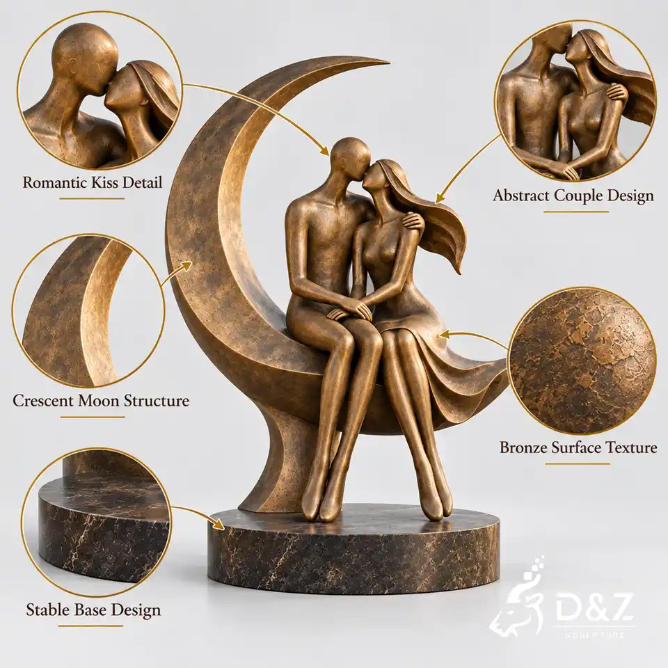 The kiss bronze sculpture detail showing kissing couple crescent moon bronze texture and stable marble base