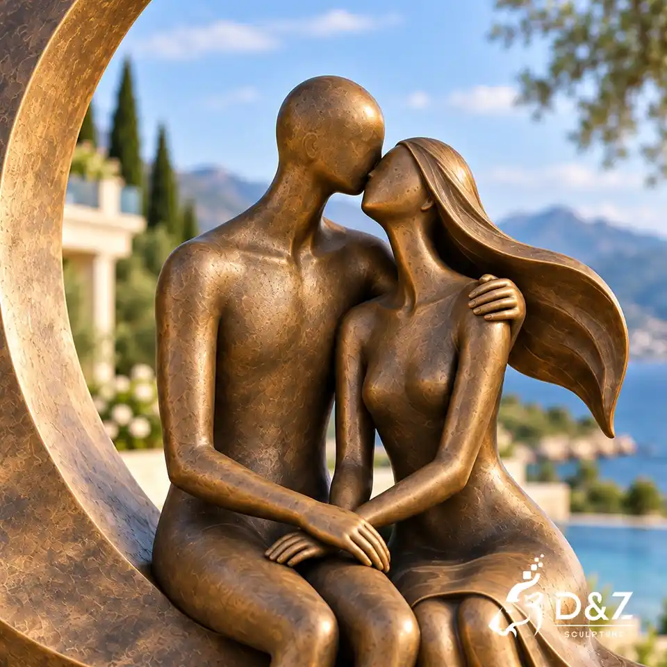 The kiss bronze sculpture close-up showing abstract couple kissing and realistic bronze surface details