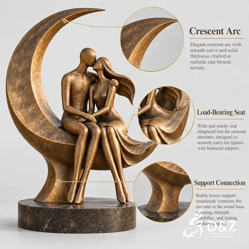The kiss bronze sculpture structural details with crescent arc load-bearing seat and support connection