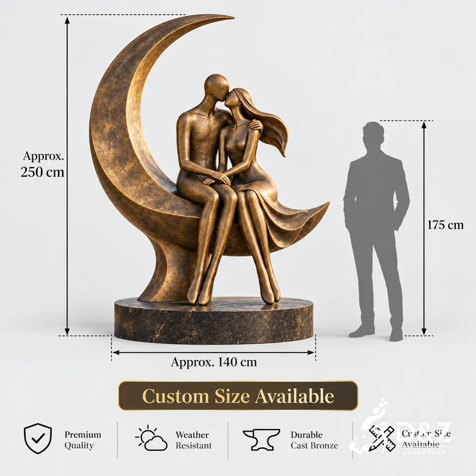 The kiss bronze sculpture size guide showing 250 cm height and custom outdoor dimensions