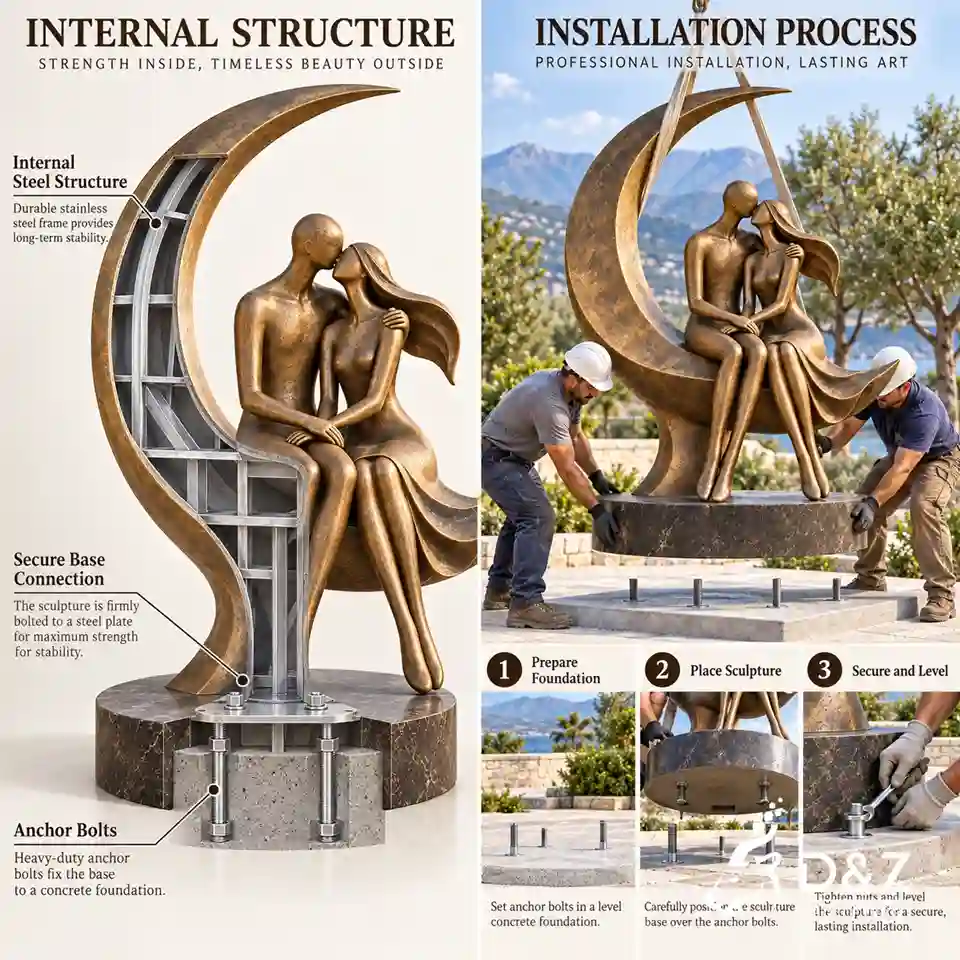 The kiss bronze sculpture internal steel structure anchor bolts and professional installation process