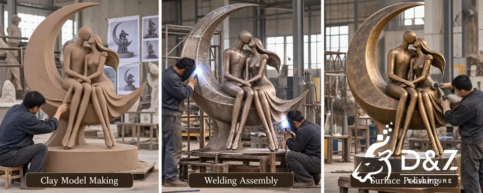 The kiss bronze sculpture production process with clay model welding assembly and surface polishing