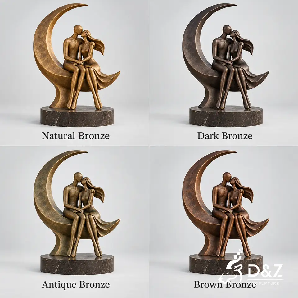 The kiss bronze sculpture color options in natural dark antique and brown bronze finishes