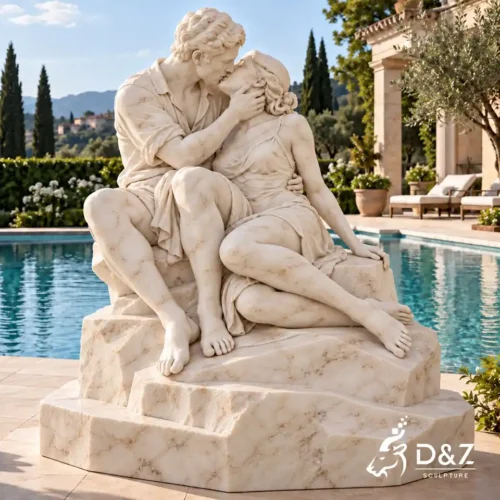The Kiss marble sculpture of a seated kissing couple beside a luxury villa pool