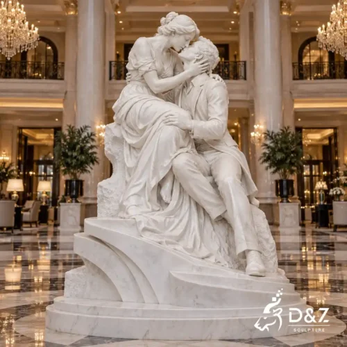 Rodin-inspired kissing marble sculpture displayed in a luxury hotel lobby