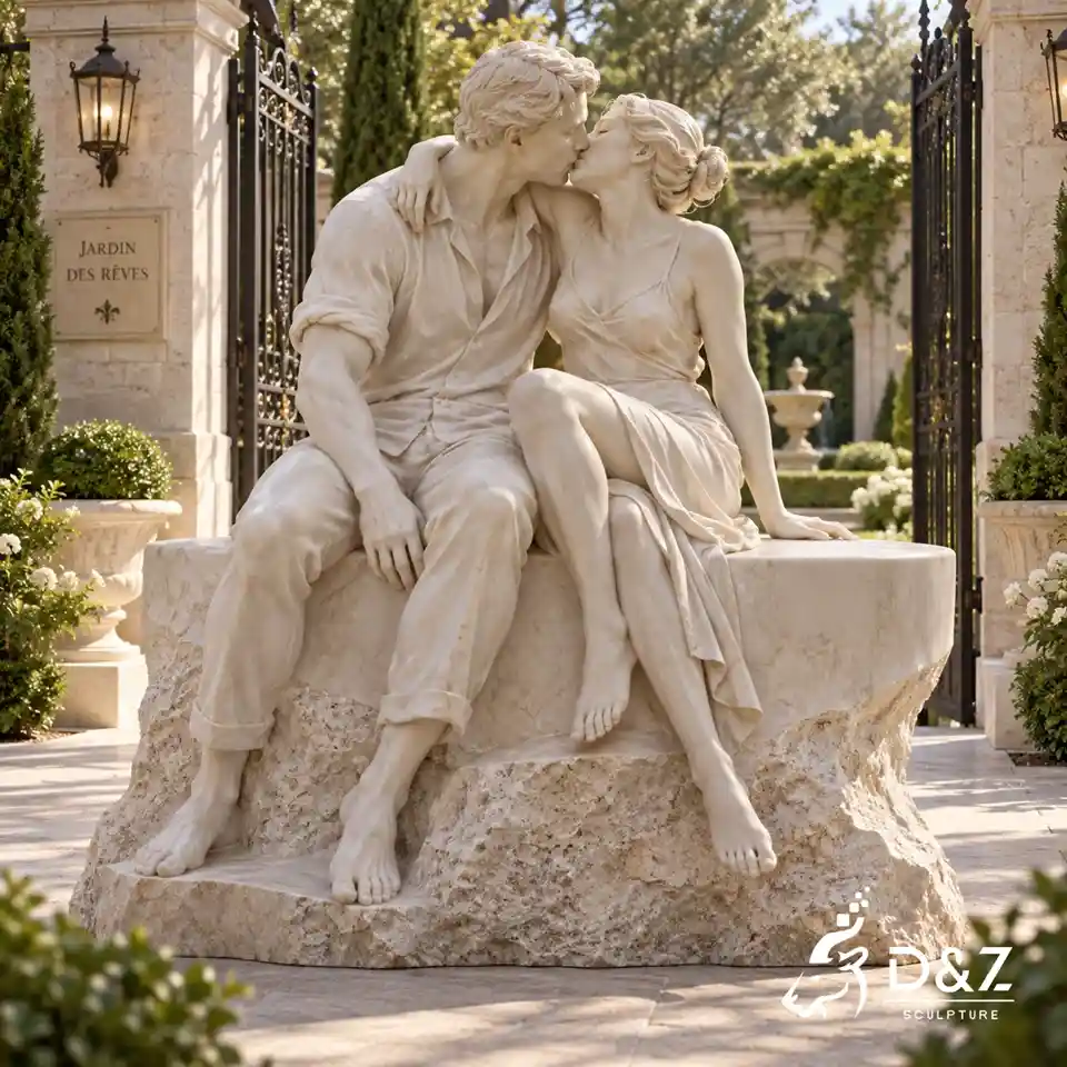 The Kiss stone sculpture of a seated couple at a luxury garden entrance The Kiss stone sculpture of a seated couple at a luxury garden entrance