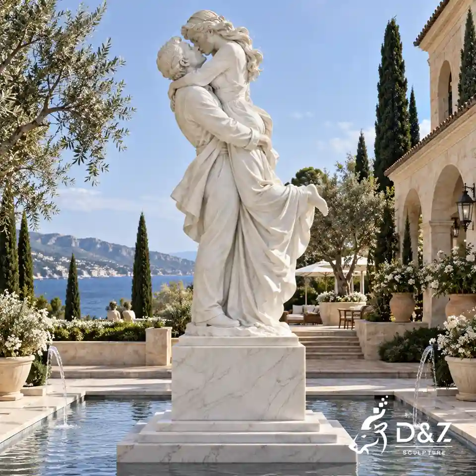 Large lovers marble sculpture with a man lifting and kissing a woman by a pool Large lovers marble sculpture with a man lifting and kissing a woman by a pool