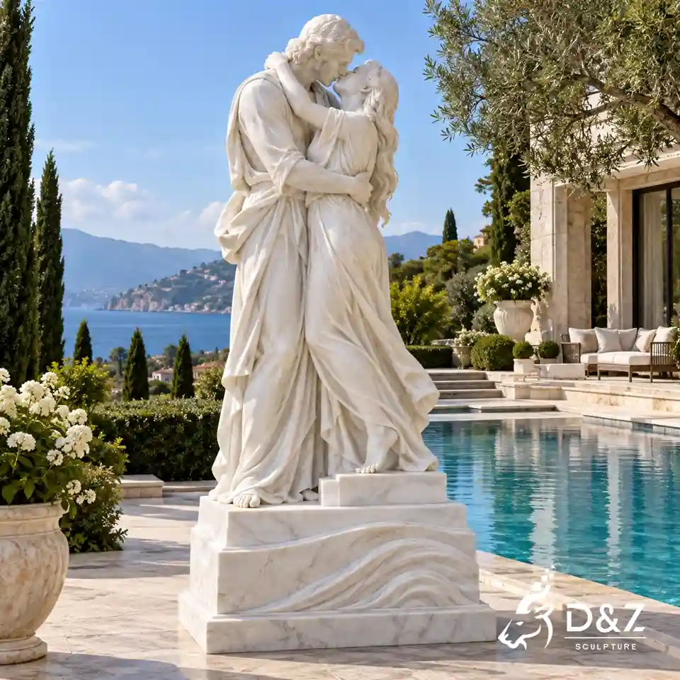 Standing kissing marble sculpture of an embracing couple beside a villa pool Standing kissing marble sculpture of an embracing couple beside a villa pool