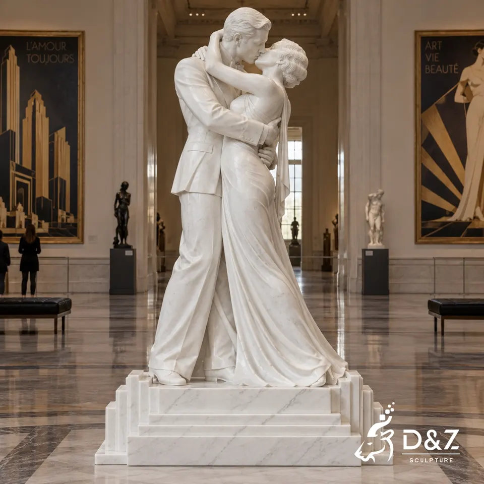Elegant The Kiss statue of a formally dressed couple in an art gallery interior Elegant The Kiss statue of a formally dressed couple in an art gallery interior