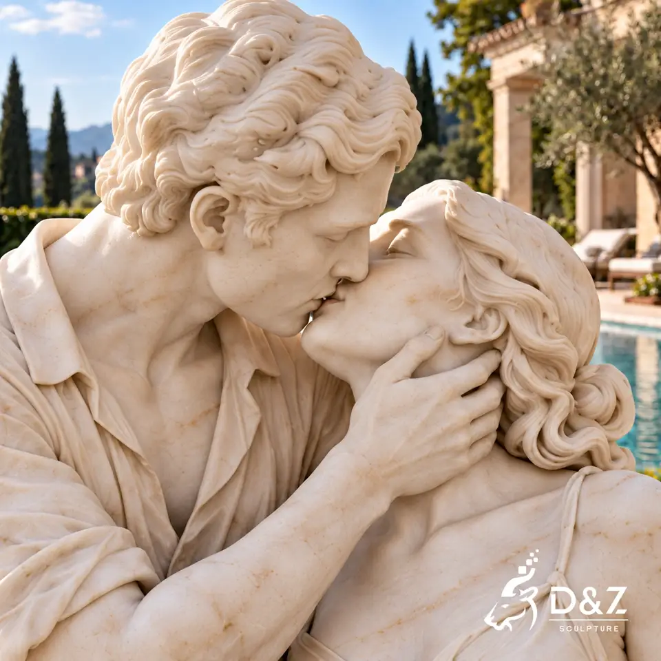 Facial detail of The Kiss marble sculpture showing an intimate couple kissing Facial detail of The Kiss marble sculpture showing an intimate couple kissing