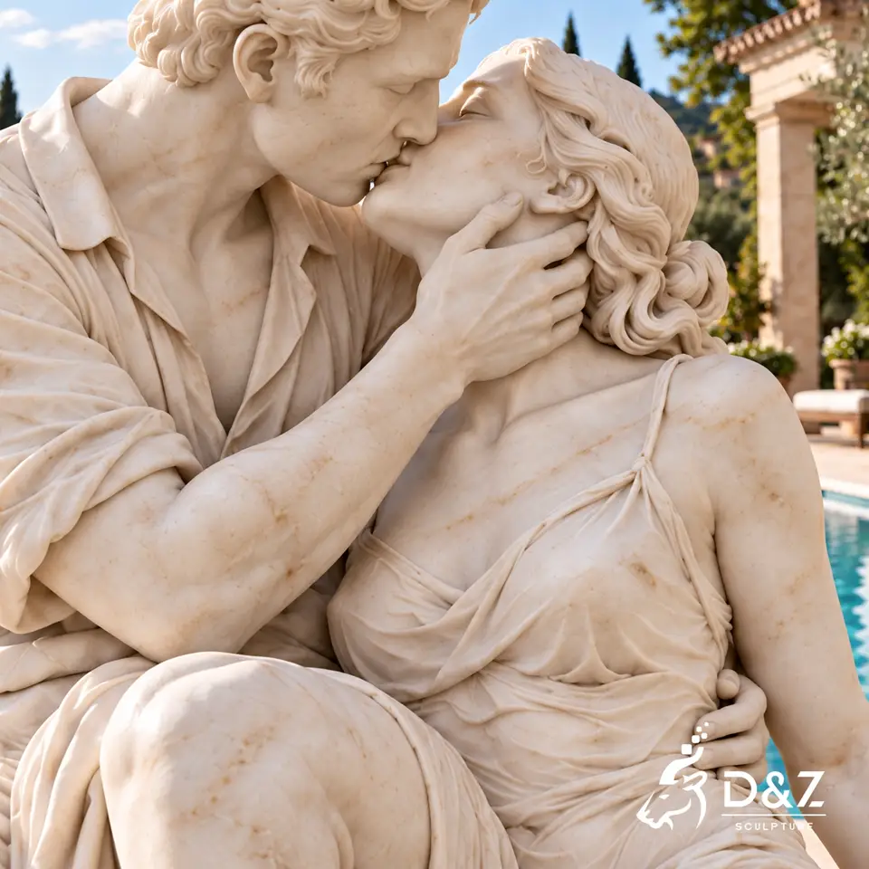 Hand-carved embrace detail of a romantic kissing marble sculpture Hand-carved embrace detail of a romantic kissing marble sculpture