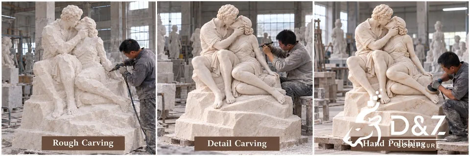 The Kiss marble sculpture carving process from rough carving to hand polishing The Kiss marble sculpture carving process from rough carving to hand polishing
