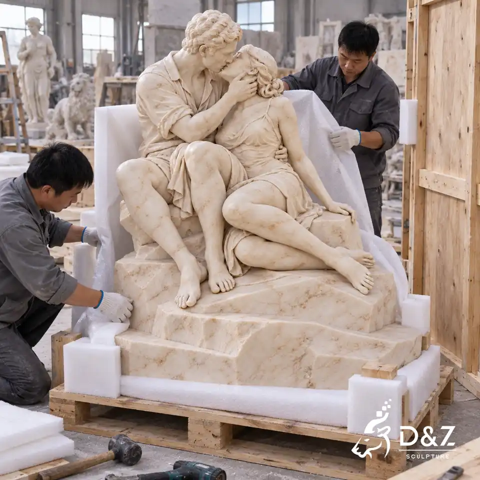 Protective wooden crate packaging for The Kiss marble sculpture before shipping Protective wooden crate packaging for The Kiss marble sculpture before shipping