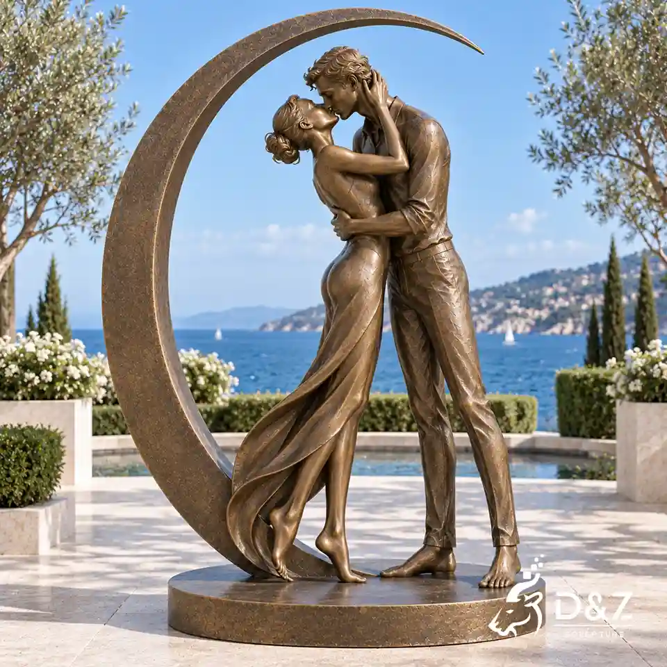 The kiss modern art sculpture with bronze kissing couple inside a crescent moon frame The kiss modern art sculpture with bronze kissing couple inside a crescent moon frame