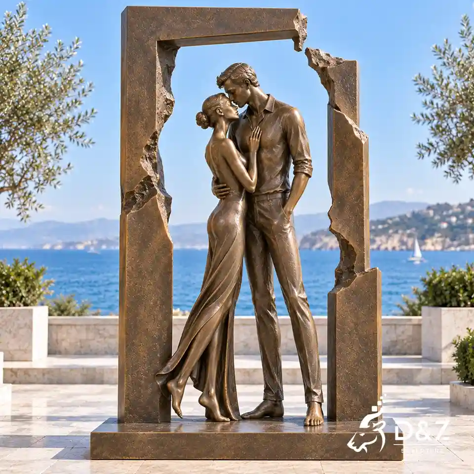 The kiss modern art sculpture featuring bronze kissing couple in a broken doorway frame The kiss modern art sculpture featuring bronze kissing couple in a broken doorway frame