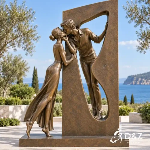 The kiss modern art sculpture with kissing couple and organic cutout bronze frame