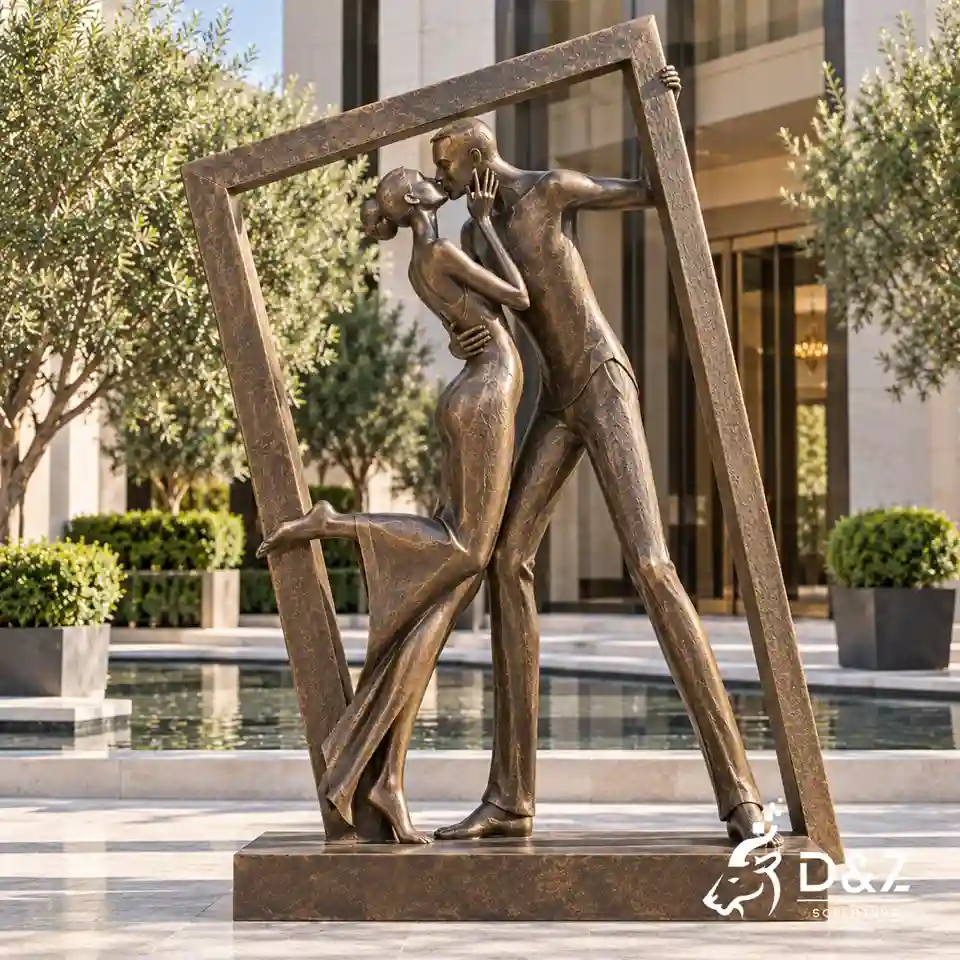 The kiss modern art sculpture with bronze kissing couple in a tilted picture frame The kiss modern art sculpture with bronze kissing couple in a tilted picture frame