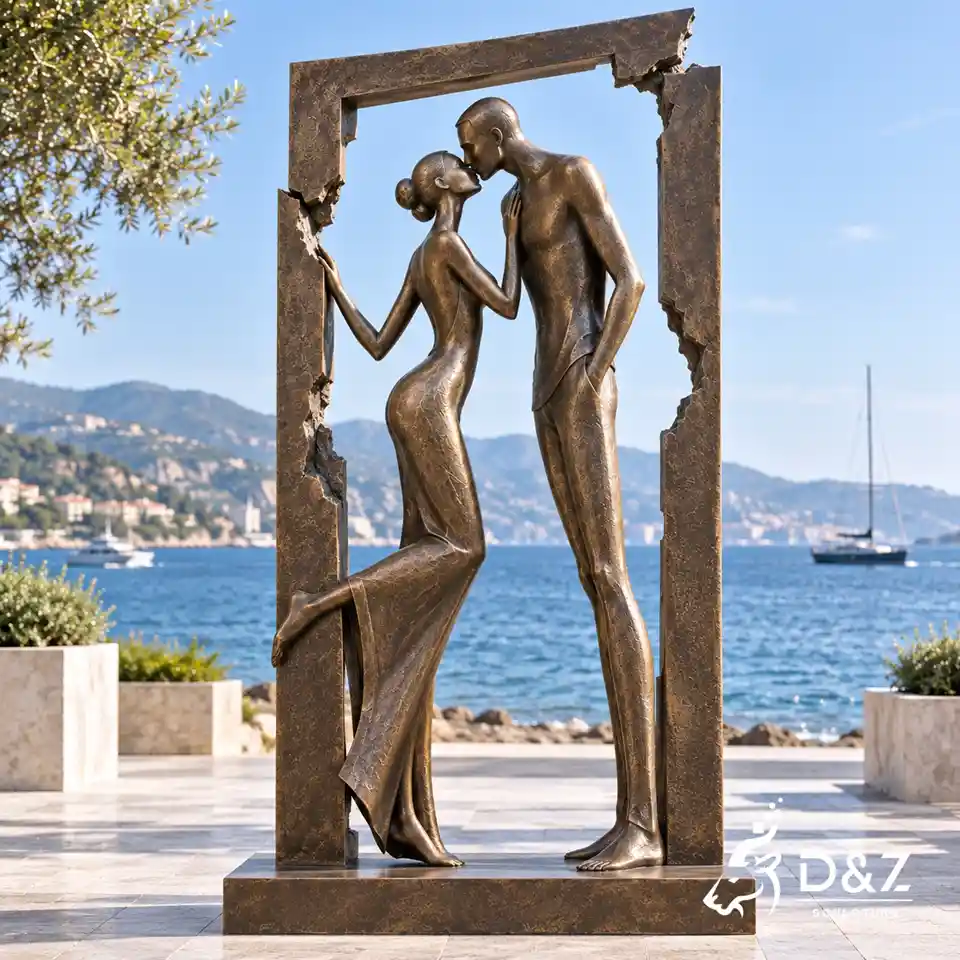 The kiss modern art sculpture with bronze couple and geometric artistic frame The kiss modern art sculpture with bronze couple and geometric artistic frame
