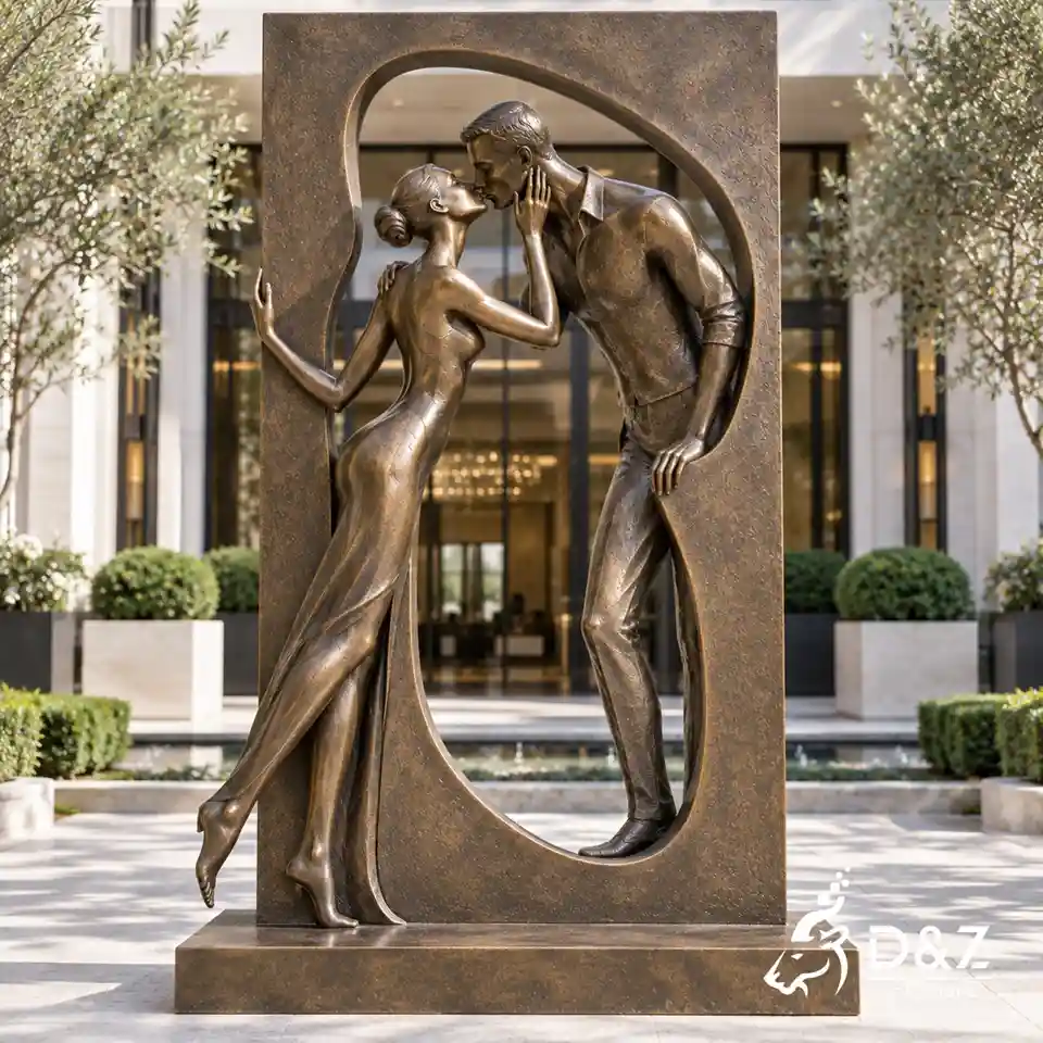 The kiss modern art sculpture with romantic bronze couple in an architectural frame The kiss modern art sculpture with romantic bronze couple in an architectural frame