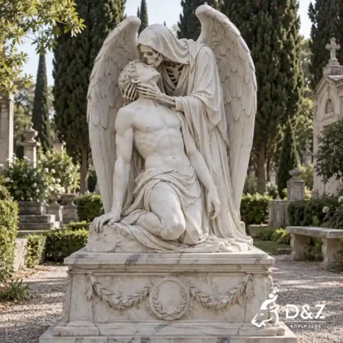 The Kiss of Death Sculpture with winged skeleton kissing a kneeling man, hand-carved white marble cemetery statue DZC90 The Kiss of Death Sculpture with winged skeleton kissing a kneeling man, hand-carved white marble cemetery statue DZC90