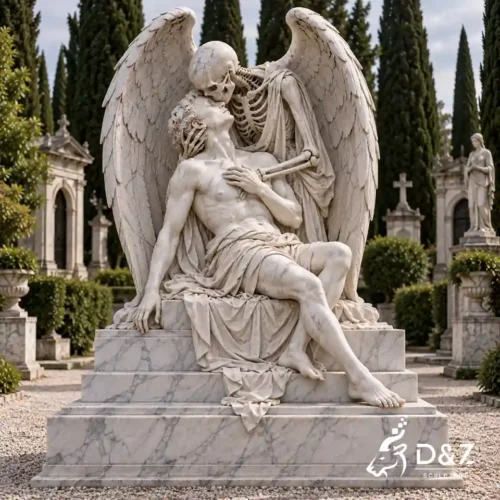 Marble Kiss of Death sculpture with winged skeleton embracing and kissing a seated male figure in a cemetery