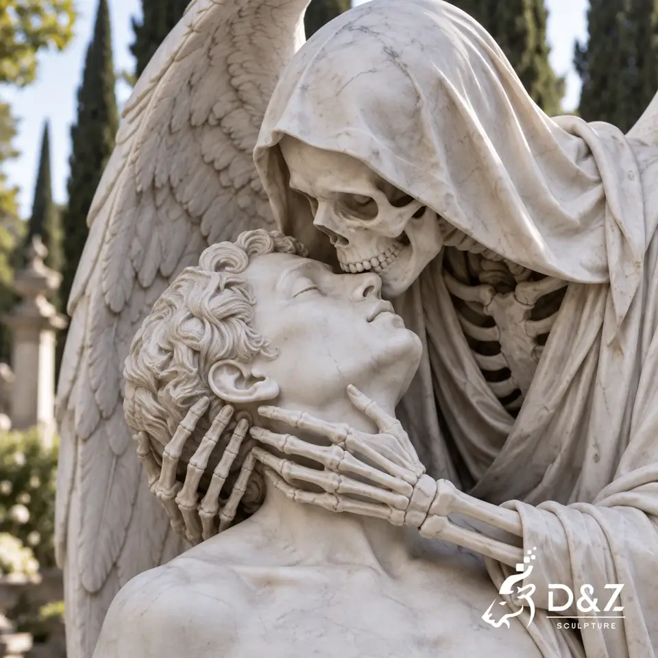 The Kiss of Death Sculpture facial detail showing carved skull, human face, skeletal hands and marble texture