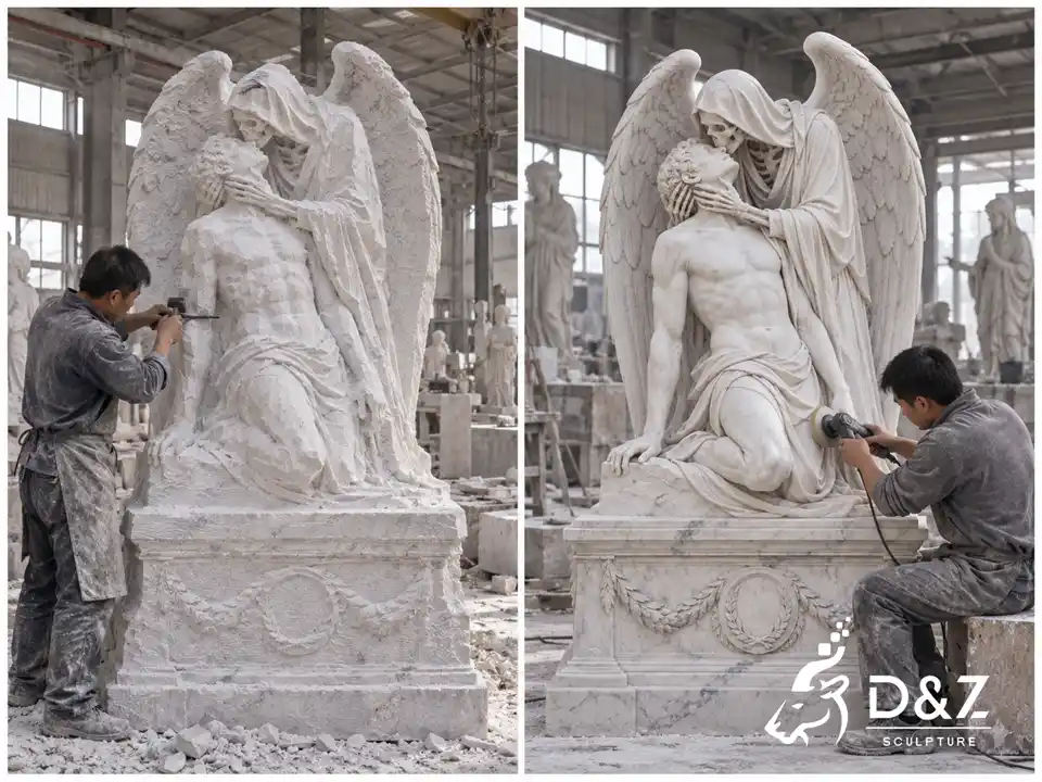 The Kiss of Death Sculpture marble carving process from rough carving to hand polishing in sculpture factory