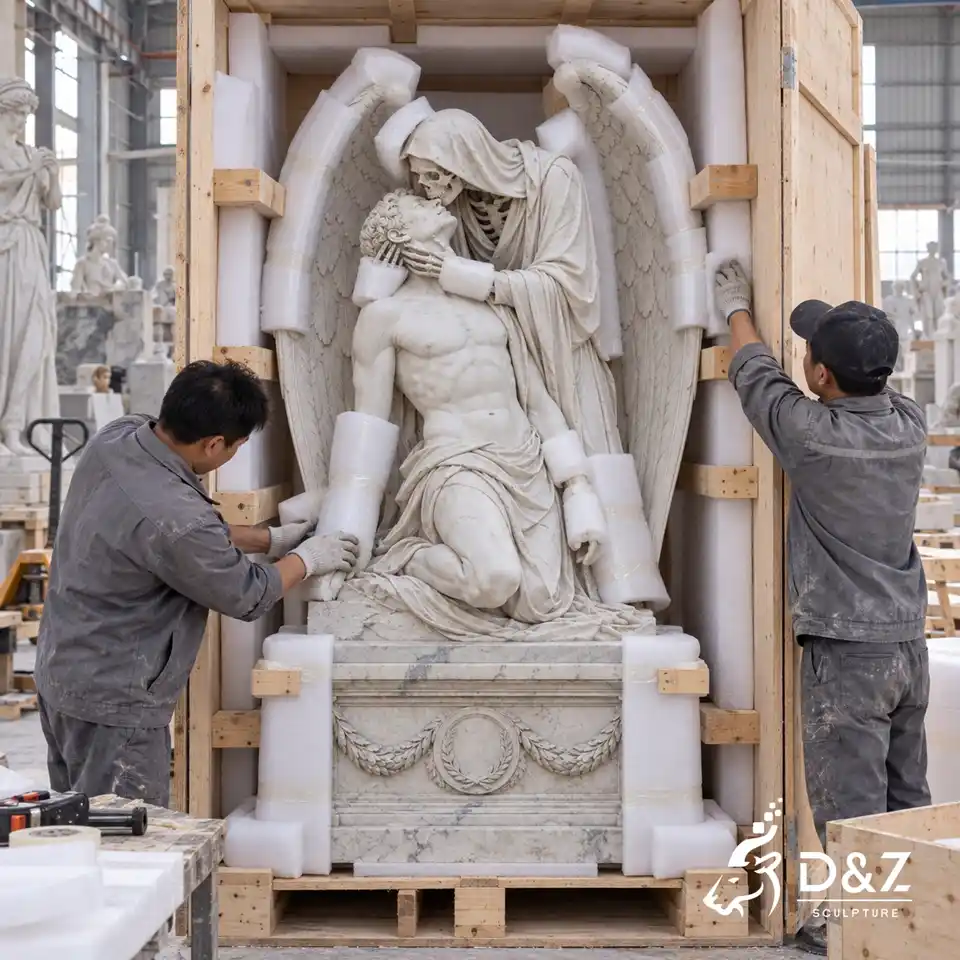 The Kiss of Death Sculpture packed in reinforced wooden crate with protective foam for worldwide shipping