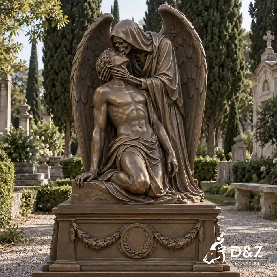 Bronze The Kiss of Death Sculpture with winged skeleton kissing a kneeling man in cemetery memorial setting