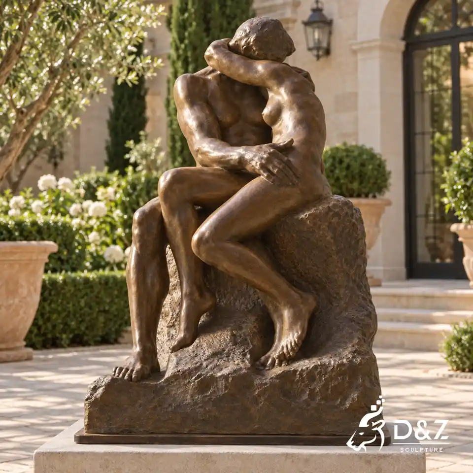 Bronze The Kiss sculpture with intertwined lovers embracing on a rough stone-style base Bronze The Kiss sculpture with intertwined lovers embracing on a rough stone-style base