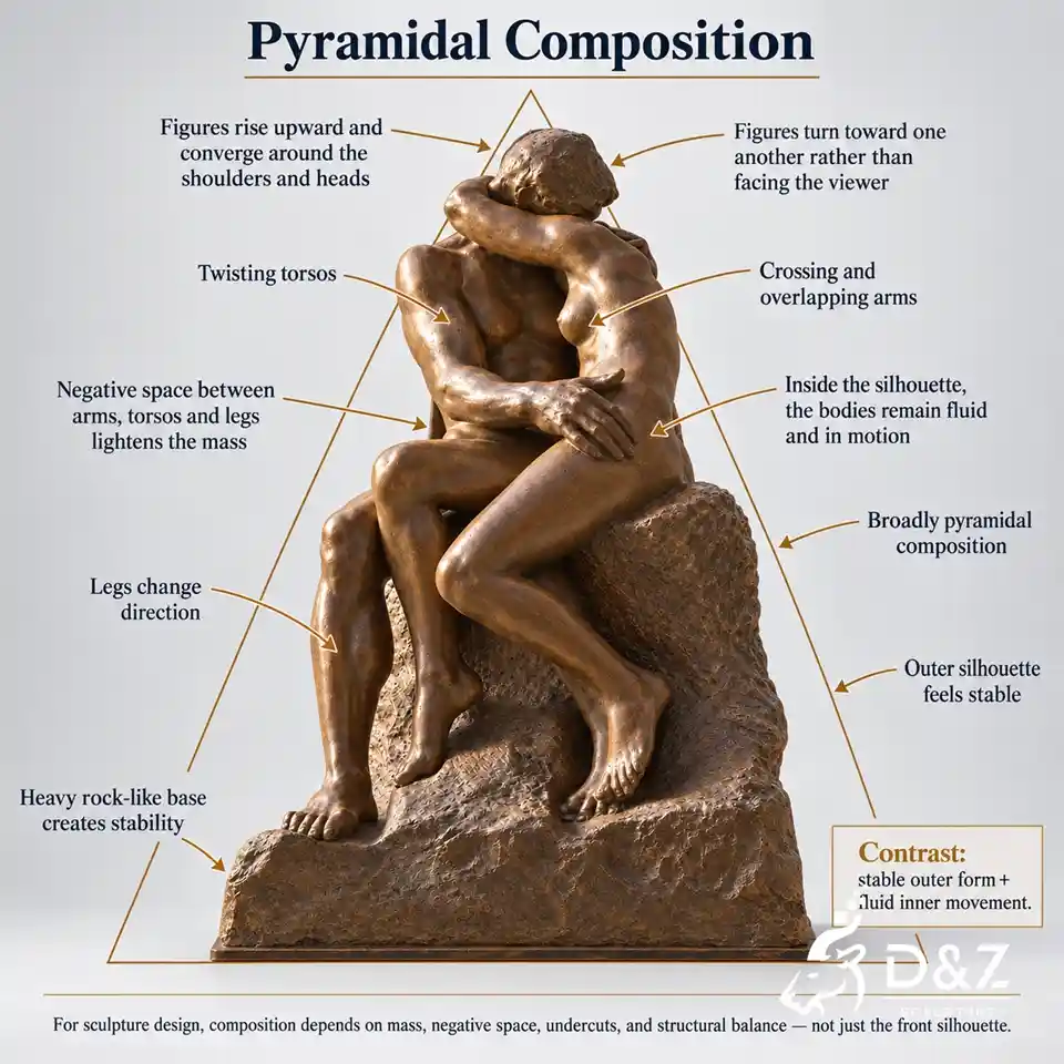 The Kiss sculpture pyramidal composition analysis showing movement, negative space and balance The Kiss sculpture pyramidal composition analysis showing movement, negative space and balance
