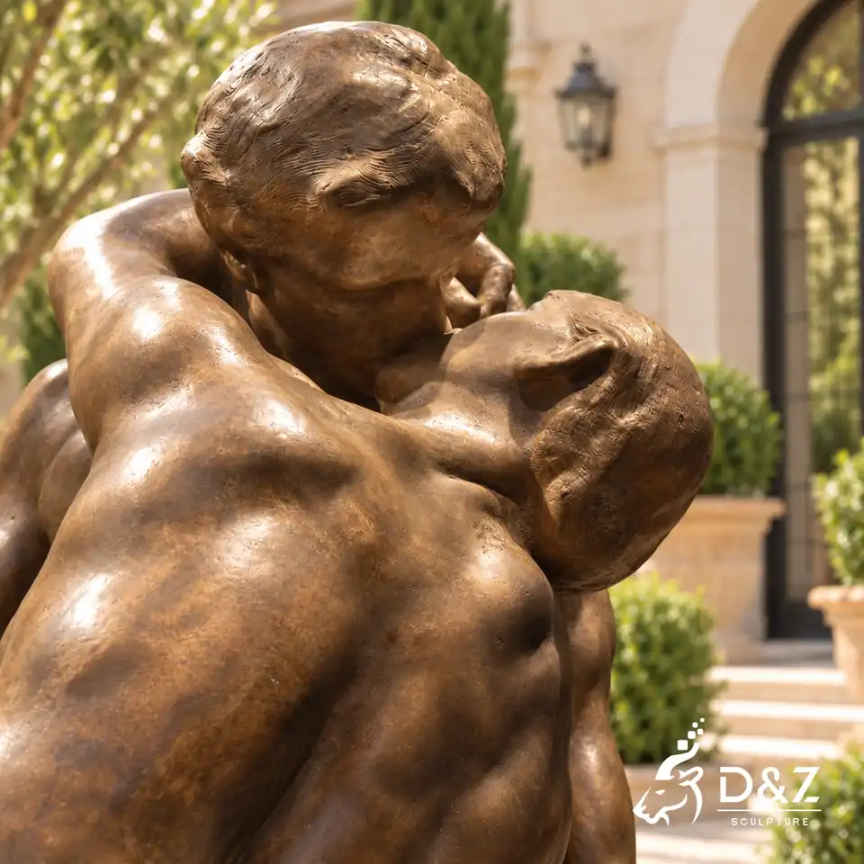 Close-up of kissing figures showing intimacy and facial details in The Kiss sculpture Close-up of kissing figures showing intimacy and facial details in The Kiss sculpture