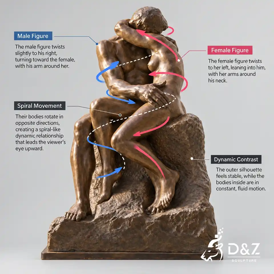 The Kiss sculpture pose analysis showing spiral movement of the male and female figures The Kiss sculpture pose analysis showing spiral movement of the male and female figures