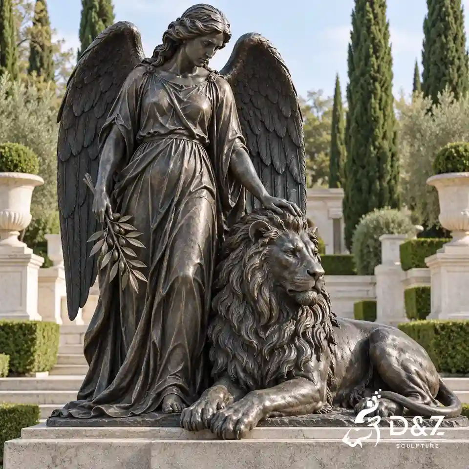 Bronze angel and lion statue featuring a standing winged guardian holding an olive branch and gently touching a reclining lion in a formal memorial garden. Bronze angel and lion statue featuring a standing winged guardian holding an olive branch and gently touching a reclining lion in a formal memorial garden.