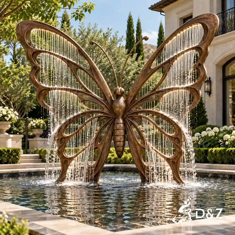 Bronze butterfly water fountain in a luxury villa courtyard with cascading curtain water and a landscaped pool.