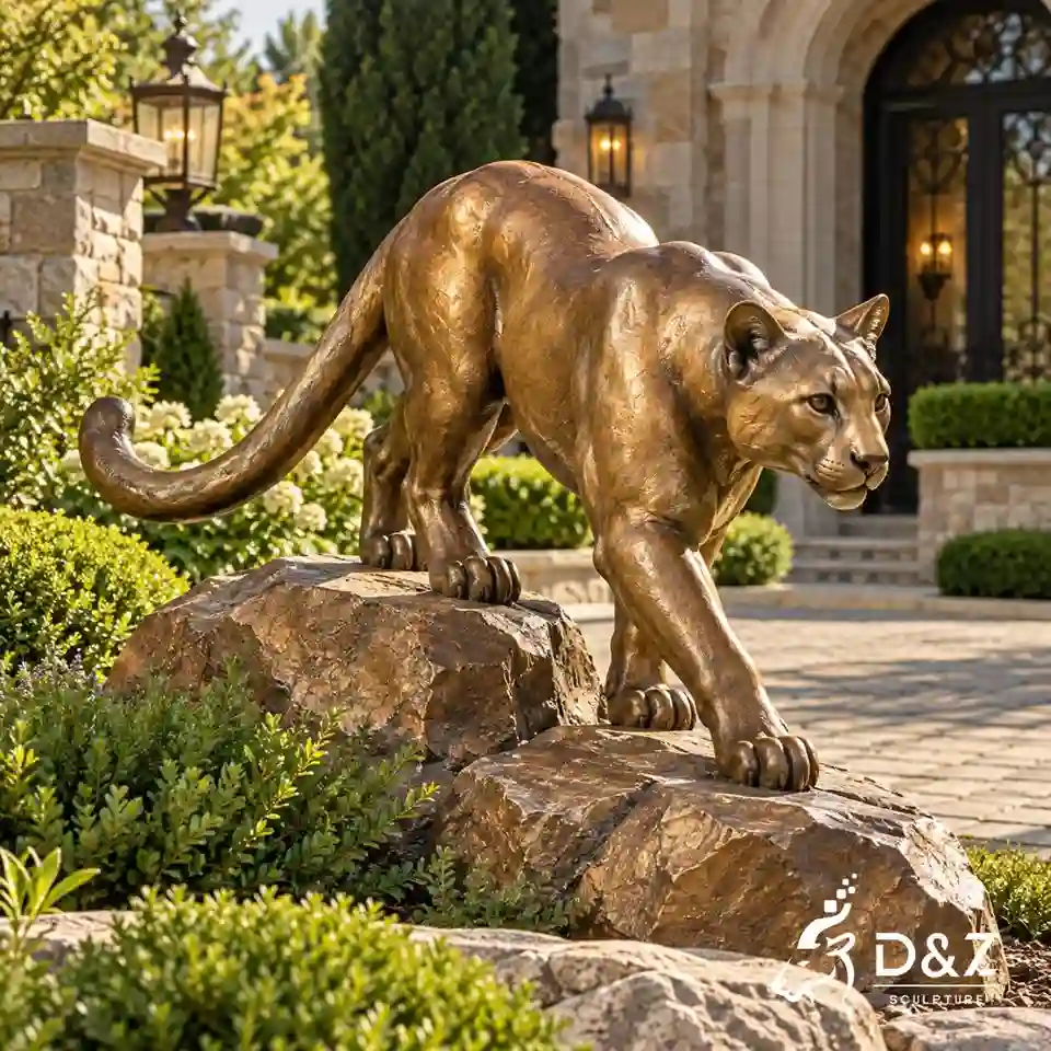 Bronze mountain lion statue walking down a rugged rock base at a luxury villa entrance with landscaped gardens. Bronze mountain lion statue walking down a rugged rock base at a luxury villa entrance with landscaped gardens.