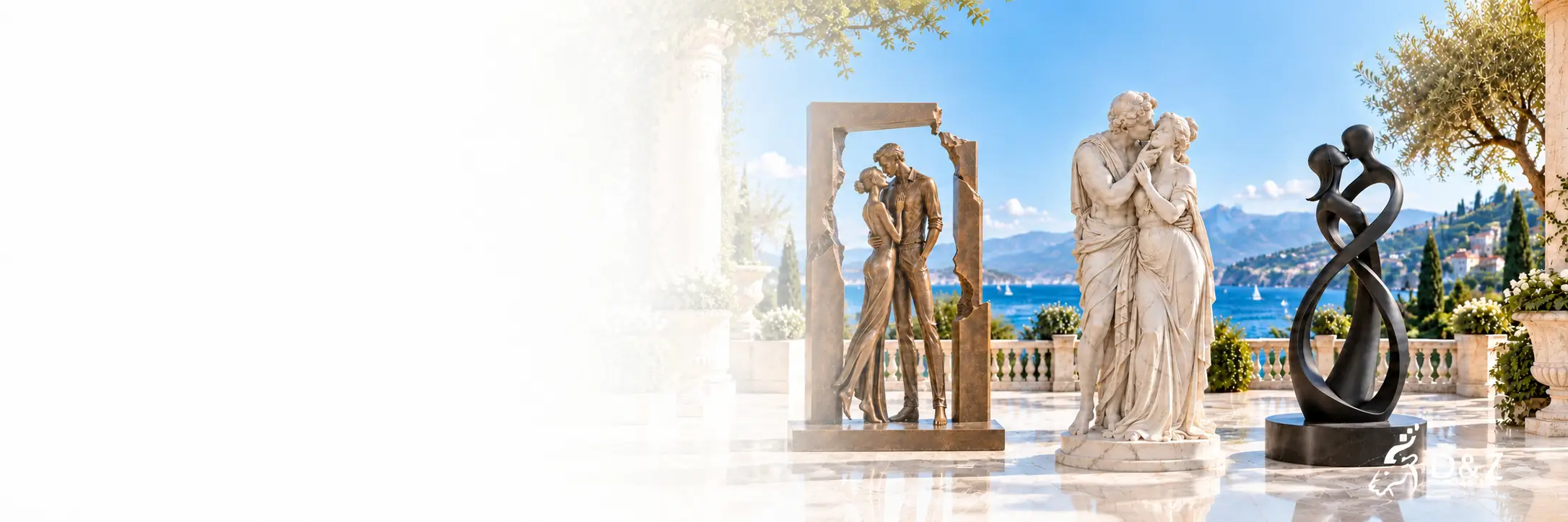 Custom kiss sculpture collection in bronze, marble and stainless steel