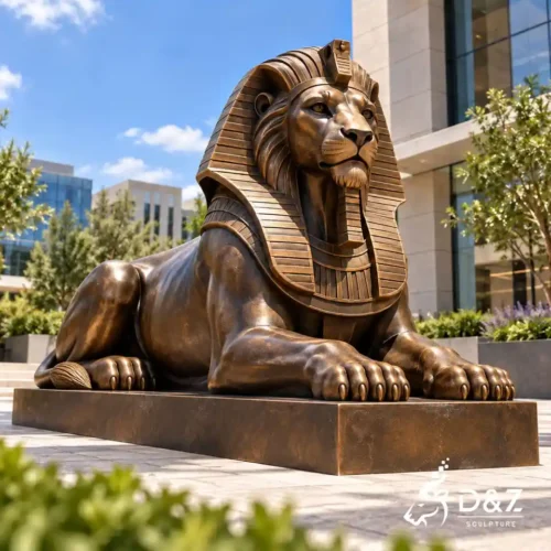 Large bronze Egyptian lion statue in a reclining pose with a pharaoh-inspired headdress outside a modern commercial building Large bronze Egyptian lion statue in a reclining pose with a pharaoh-inspired headdress outside a modern commercial building
