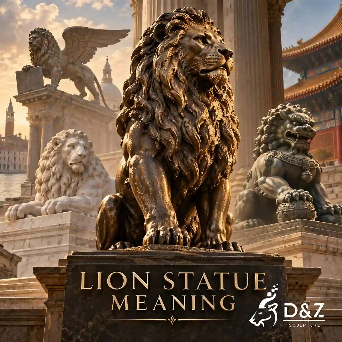 Bronze lion statue with guardian and winged lion sculptures illustrating lion statue meaning