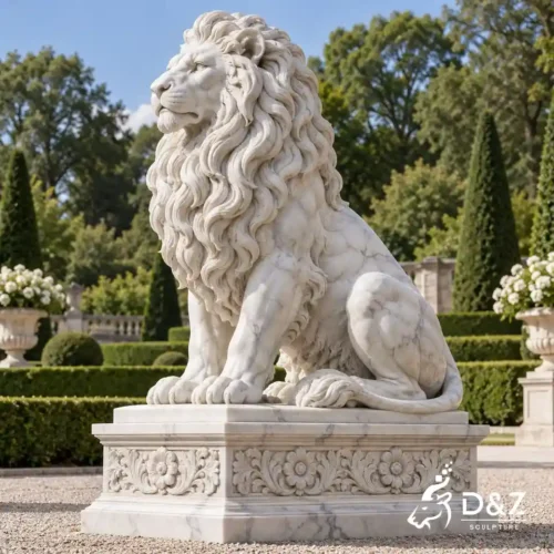 Large sitting lion statue in natural white marble with an ornate floral pedestal in a formal garden Large sitting lion statue in natural white marble with an ornate floral pedestal in a formal garden