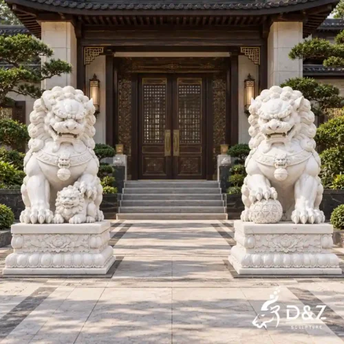 White marble Chinese lion statue pair flanking a grand villa entrance, with the female lion guarding a cub and the male lion resting a paw on an ornate ball. White marble Chinese lion statue pair flanking a grand villa entrance, with the female lion guarding a cub and the male lion resting a paw on an ornate ball.