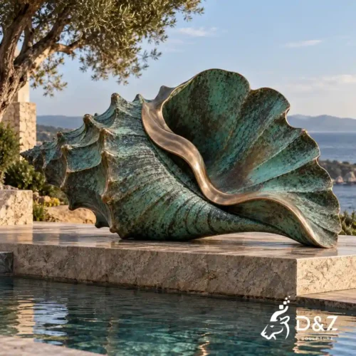 conch shell statue in verdigris bronze displayed on a stone platform beside a luxury resort swimming pool