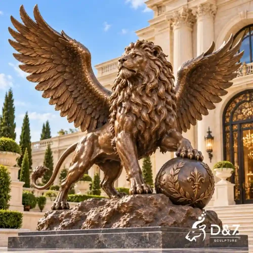 Bronze winged lion statue resting one front paw on an ornate sphere, with spread wings and a rocky pedestal outside a grand building.